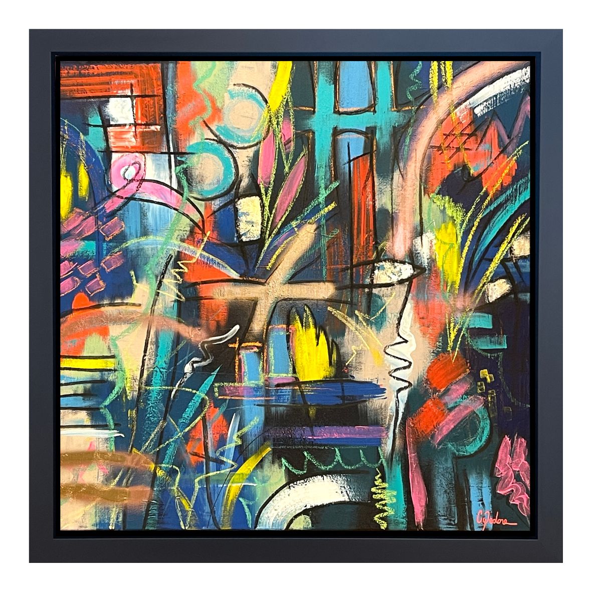 ‘Flashback’ by Charles Pedone – a striking original abstract piece with vibrant colours and 24k gold leaf, reflecting balance and conversation with charcoal sketched other-worldly elements.